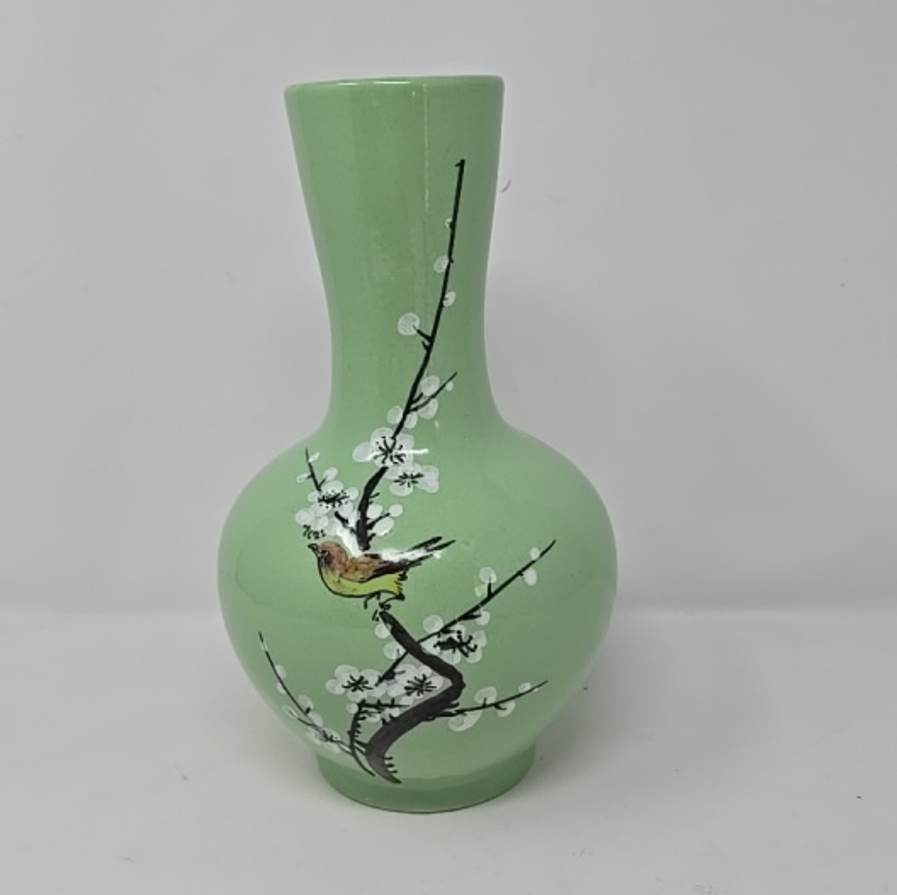 Vintage ceramic green vase hand painted cherry blossom home decor bird farmhouse